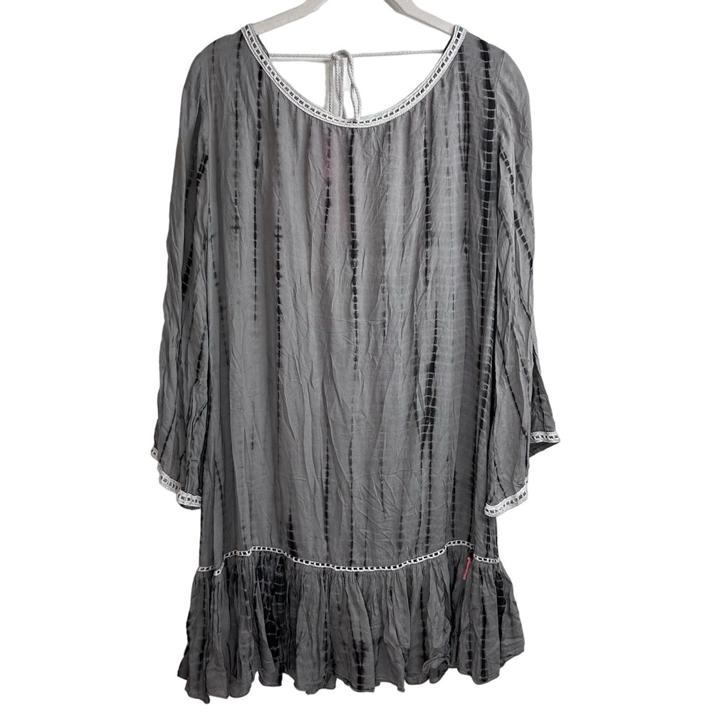 Z&L Europe Tan Tie Dye Cover Up Open Back Coral Orange Tassel Trim Tunic Dress L